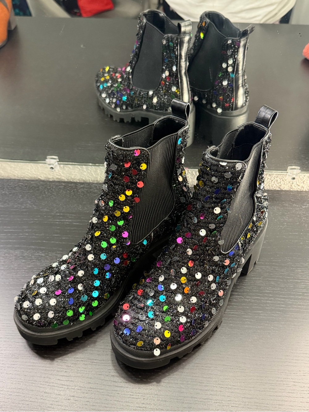 Betsey Johnson "Rowann" Rainbow Sequin Lug Sole Ankle Boots
